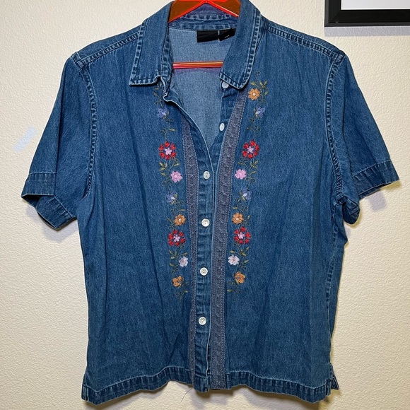 Erika Blue Denim Shirt with Red Accents - Picture 1 of 4